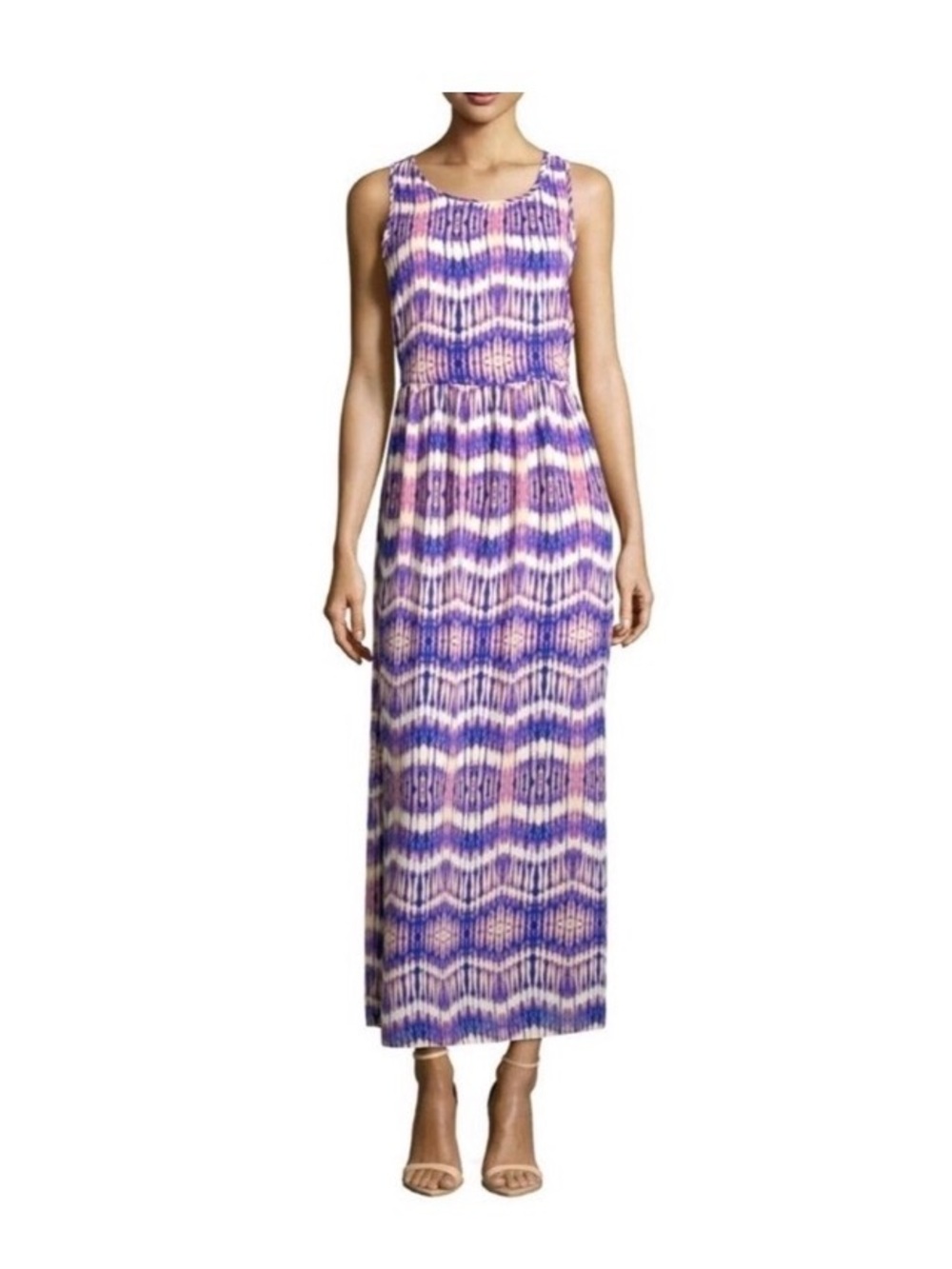 Jolt Sleeveless Tie-Dye Maxi Dress in Purple, Cream, and Pink